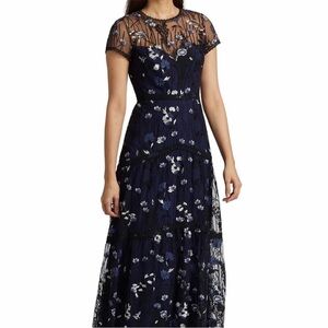 NWT Monique Lhuillier Navy Embroidered Floral Gown 14